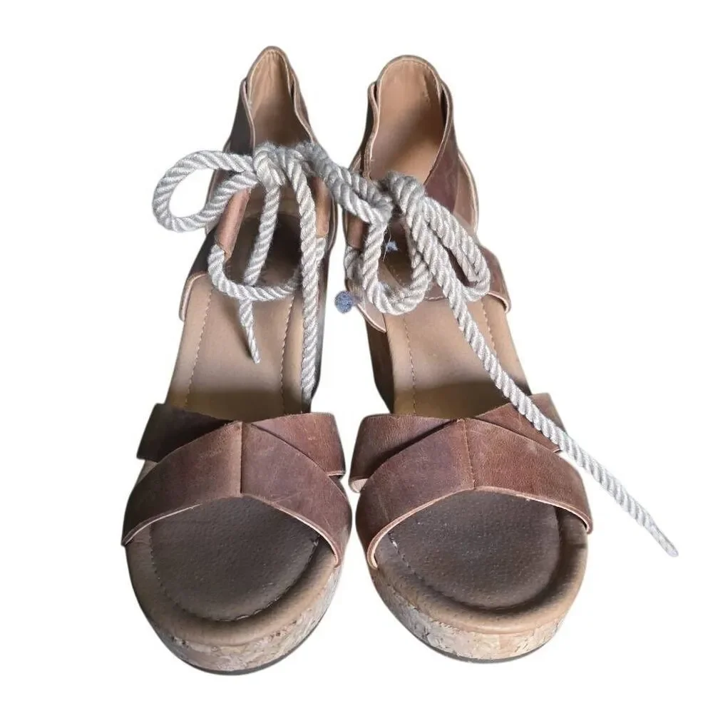 Sperry Women's Size 6.5 Tan Leather Cork Rope Tie Wedges